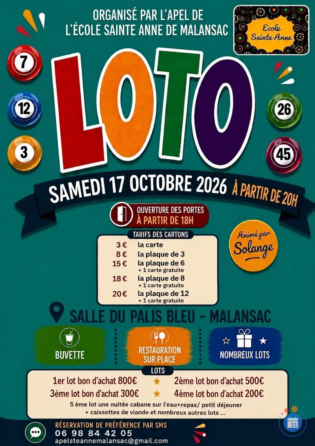 Flyer Loto de l'école Sainte Anne Malansac