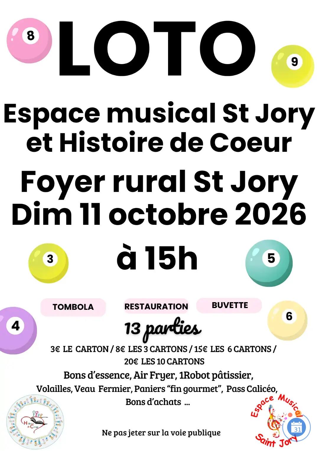 Flyer Loto des associations Espace musical St Jory et Histoire de Coeur