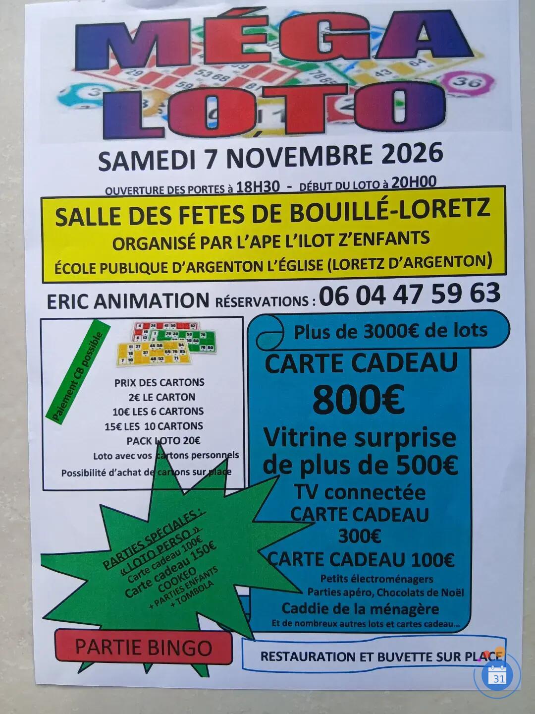 Flyer Mega loto ape l'ilot z'enfants