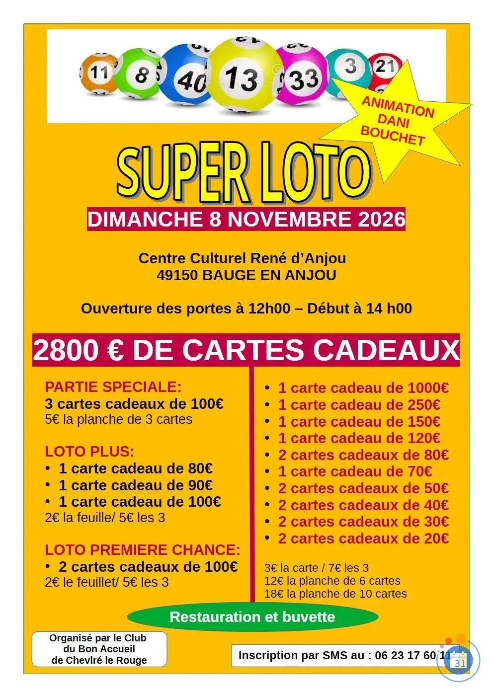 Flyer Super loto dote de 2800 € de cartes cadeaux dont une carte de 1000€