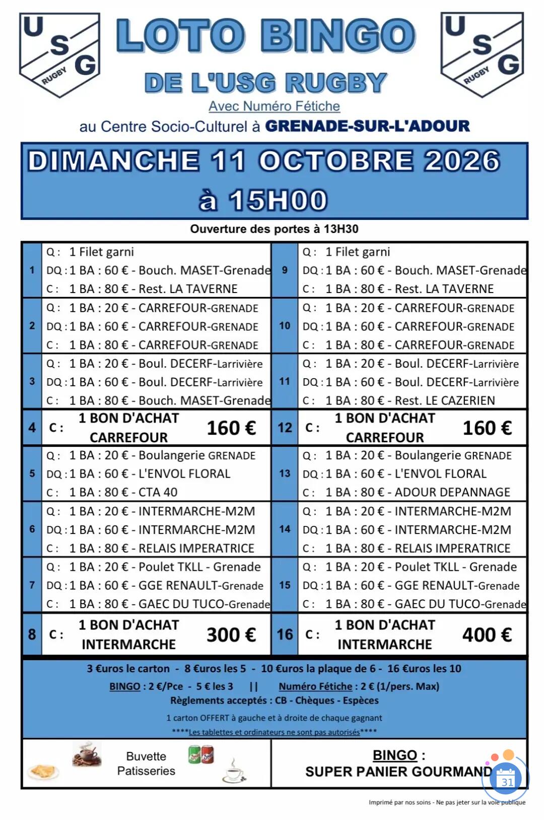 Flyer SUPER LOTO BINGO de l'USG RUGBY avec Numéro Fétiche