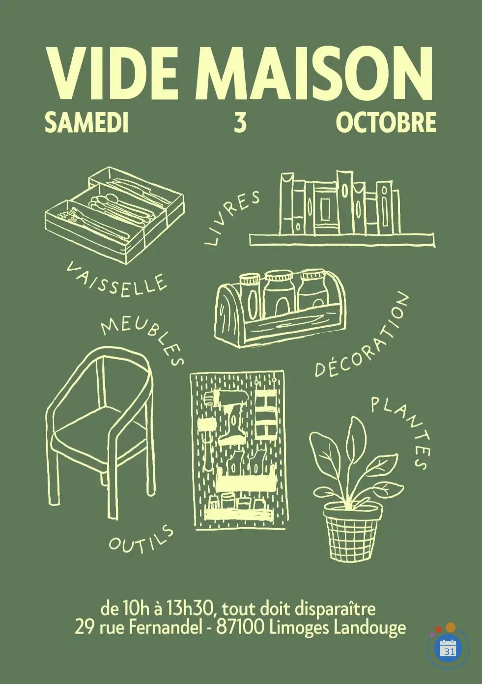Image Vide maison 29 rue Fernandel Limoges/Landouge samedi 3 octobre de 10h à 13h30 (photo 1)