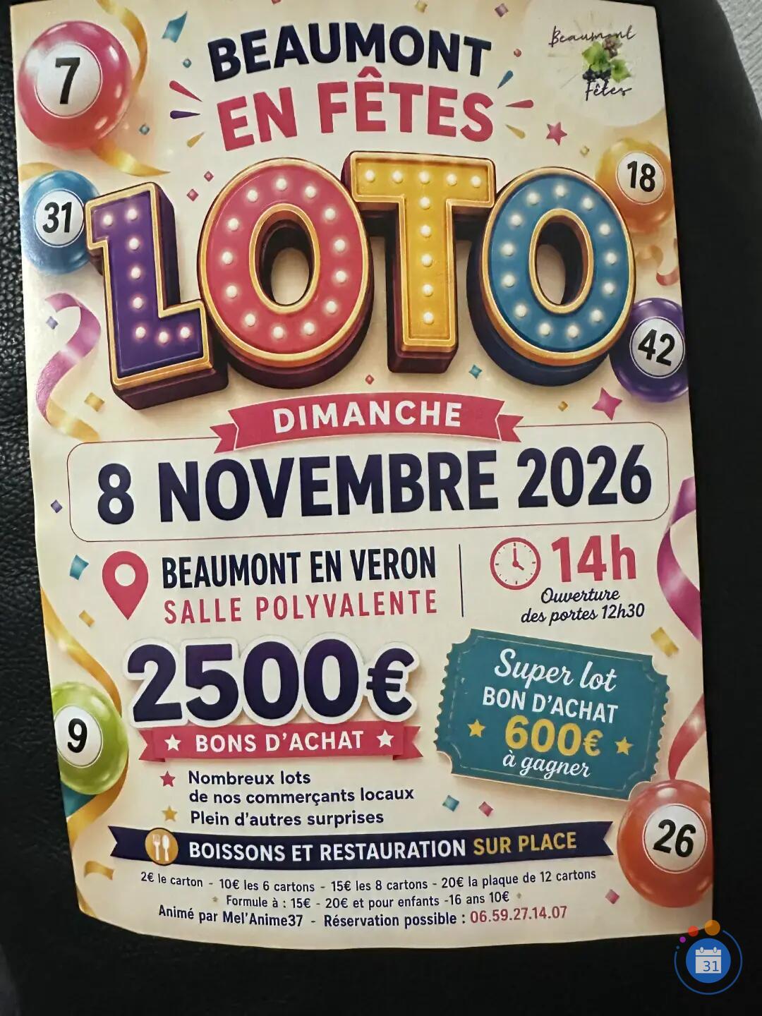 Flyer Super loto de l'association Beaumont en fêtes animé par Mélanie