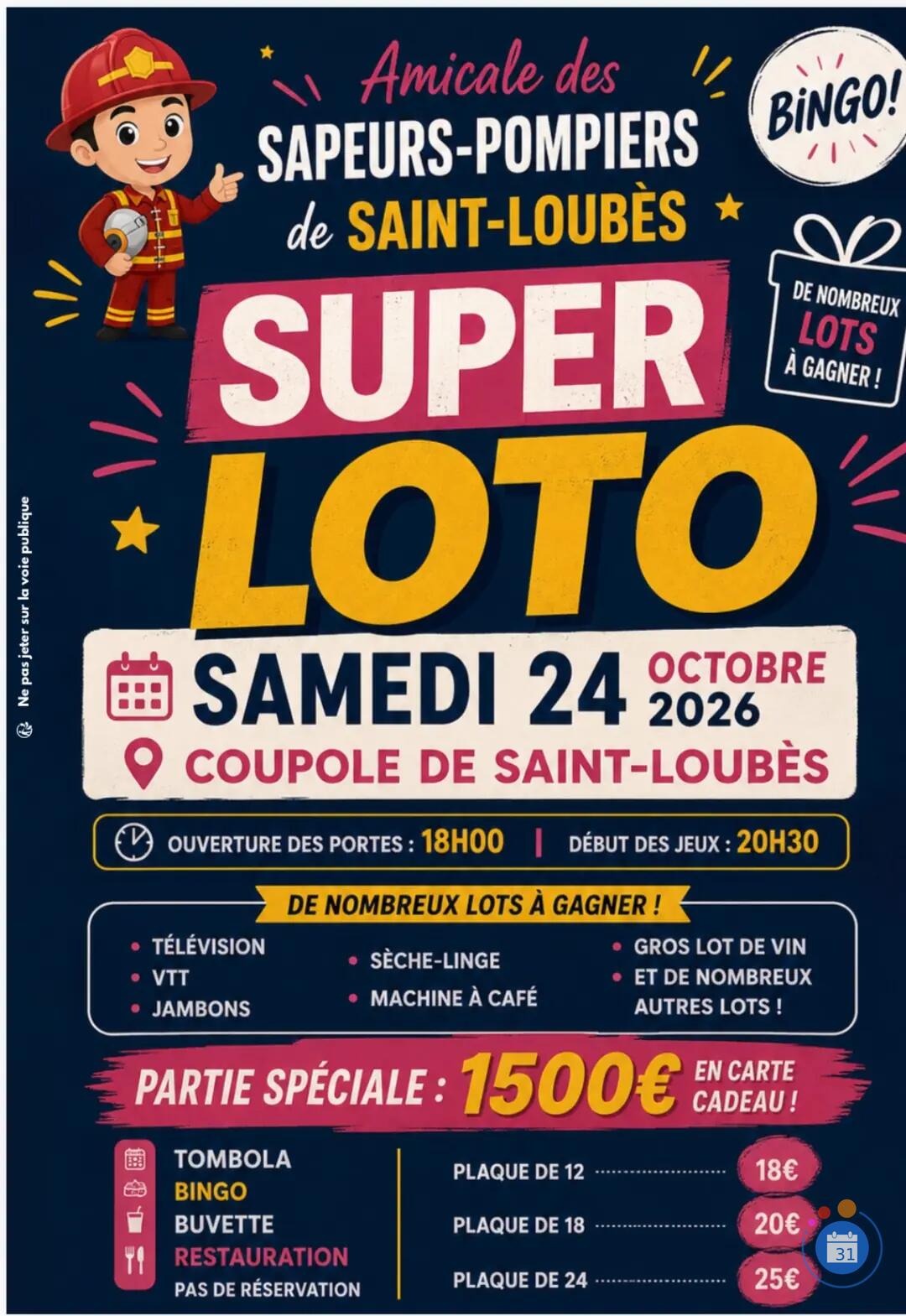Flyer SUPER LOTO de l’amicale des sapeurs pompiers de St Loubes