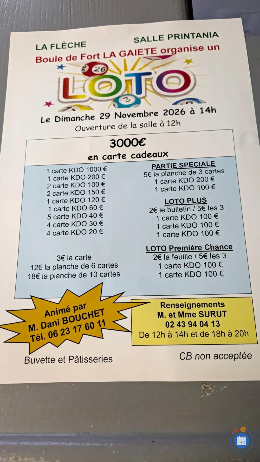 Flyer Loto de la boule de fort La Gaieté