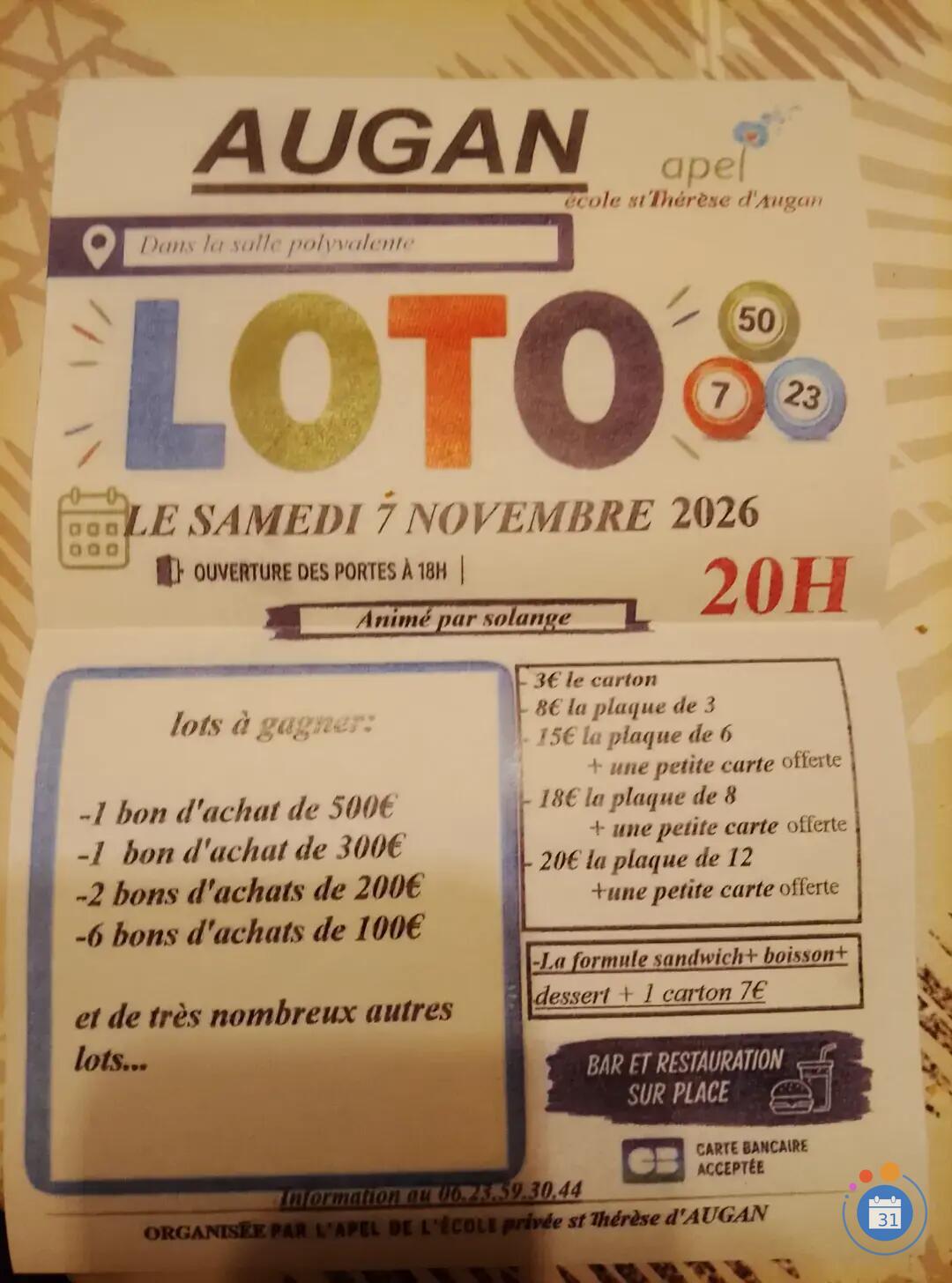 Flyer Loto Apel école sainte Thérèse AUGAN
