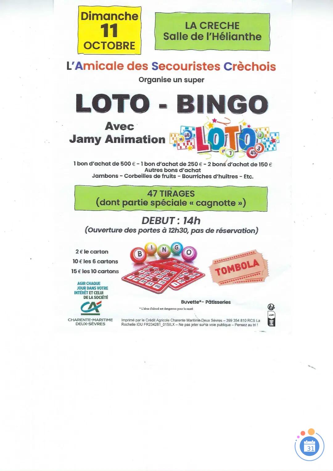Flyer loto- bingo amicale des secouriste créchois avec jamy 47 tirages