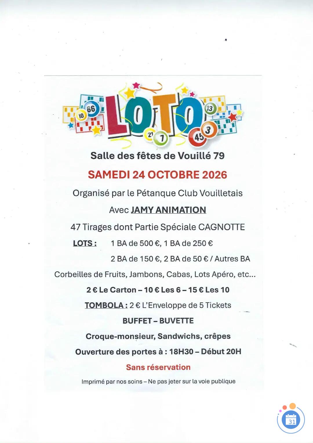 Flyer loto- bingo pétanque vouillé avec JAMY 47 tirages