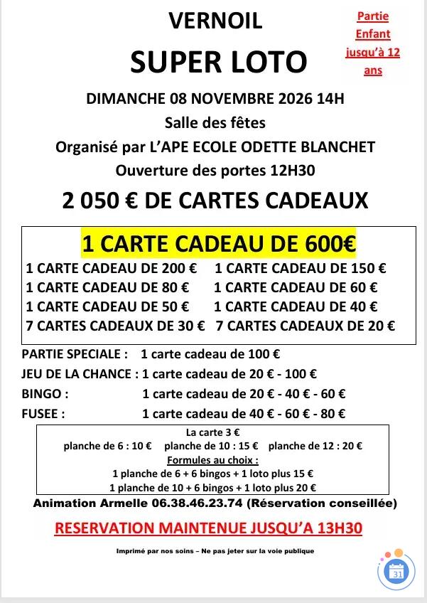 Image SUPER LOTO ORGANISE PAR L'APE ODETTE BLANCHET (photo 1)