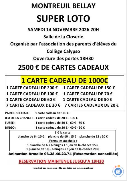 Image SUPER LOTO ORGANISE PAR L'APE DU COLLEGE CALYPSO (photo 1)
