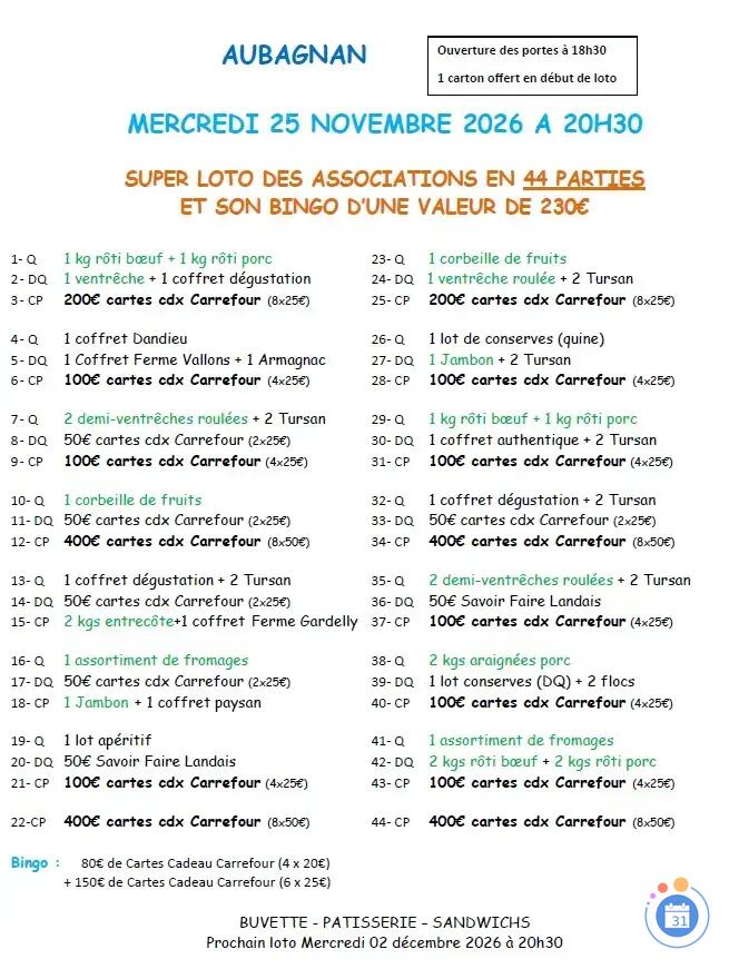 Image AUBAGNAN LOTO EN 44 PARTIES ET SON BINGO (photo 1)