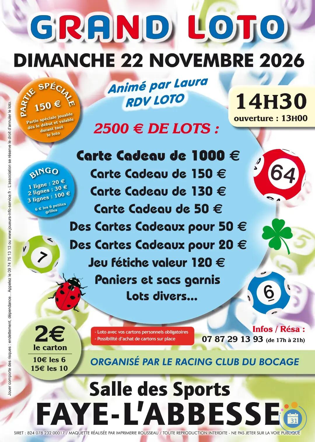 Image GRAND LOTO ANIME PAR LAURA RDV LOTO A FAYE L'ABESSE (photo 1)