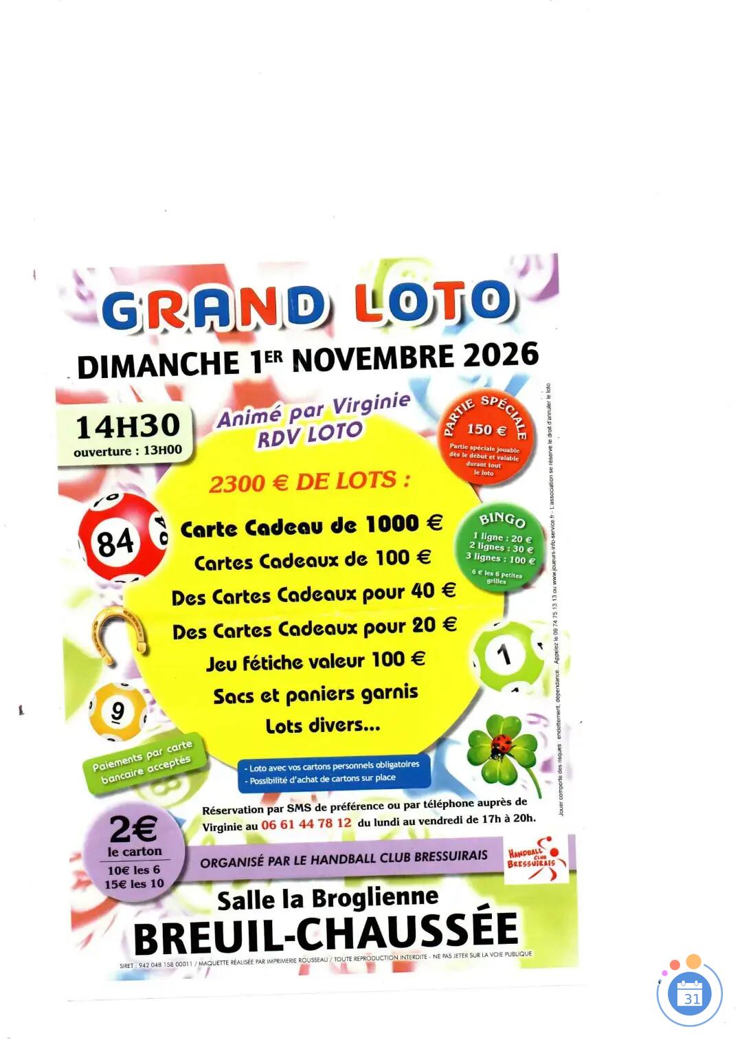 Image GRAND LOTO ANIME PAR VIRGINIE RDV LOTO A BREUIL CHAUSSEE (photo 1)