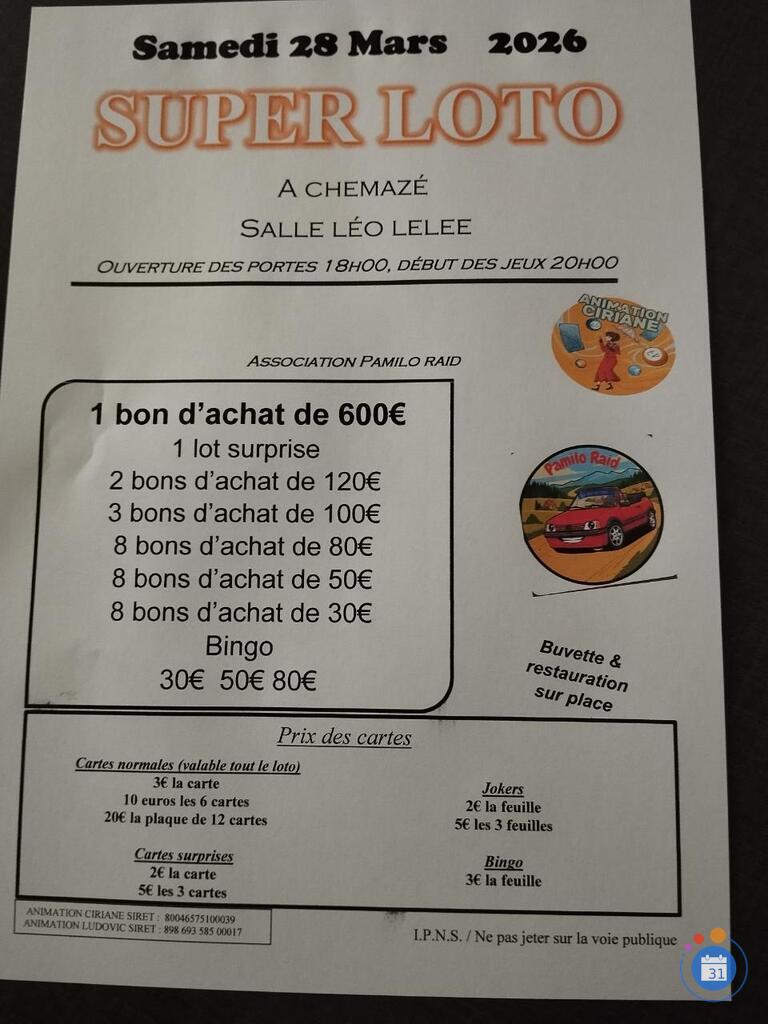 Image Loto animation ciriane a CHEMAZÉ salle léo lelee (photo 1)