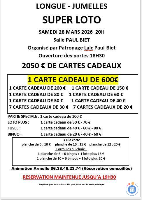 Image Super loto organisé par PATRONAGE LAIC PAUL BIET (photo 1)