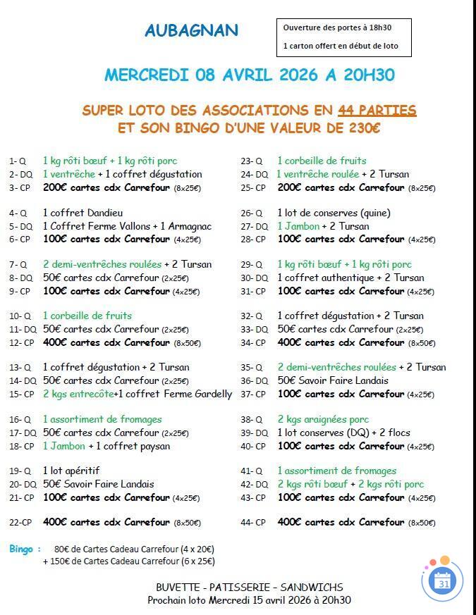 Image Super Loto en 44 parties et son bingo à Aubagnan à 20h30 (photo 1)