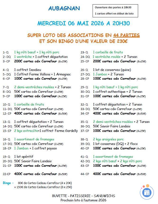 Image Super Loto en 44 parties et son bingo à Aubagnan à 20h30 (photo 1)