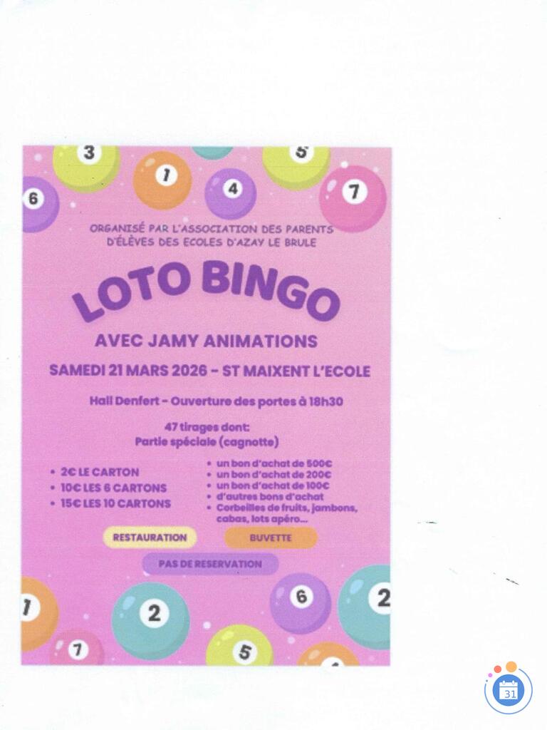 Image loto- bingo APE D'AZAY avec JAMY 47 tirages (photo 1)