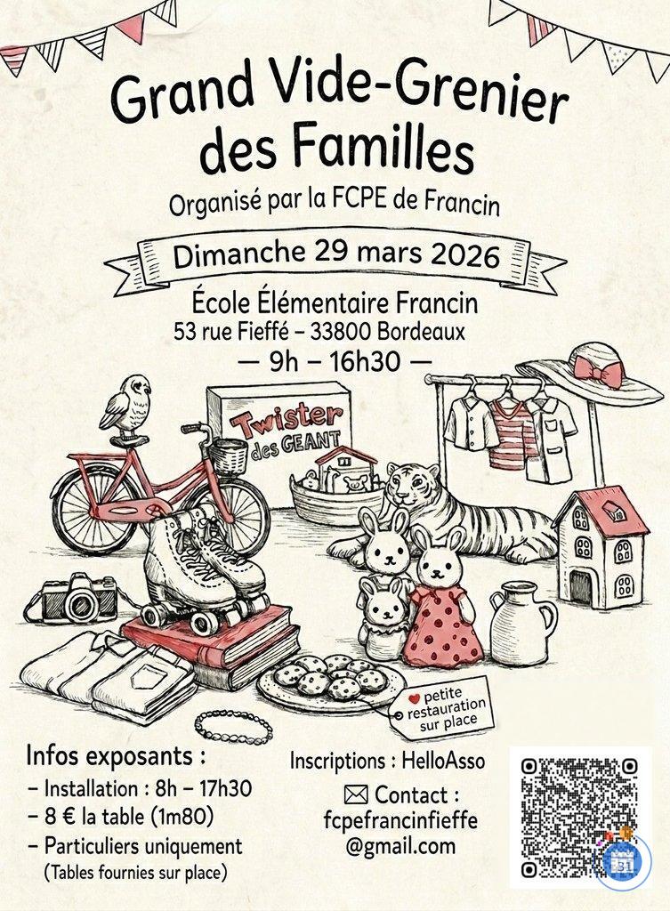 Image Vide grenier à l'école Francin dimanche 29 mars 2026 (photo 1)