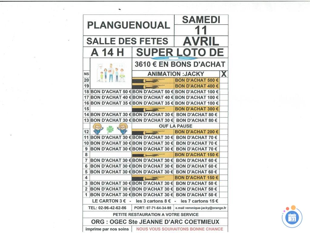 Image Loto org : planguenoual ECOLE DE COETMIEUX animé par jacky (photo 1)